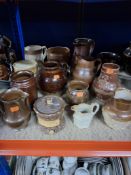 A GROUP OF SALT GLAZED POTTERY PIECES comprising a large tankard hand inscribed 