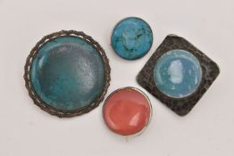 A LARGE 'RUSKIN' BROOCH AND THREE OTHERS, large circular form blue panel brooch signed 'Ruskin' to
