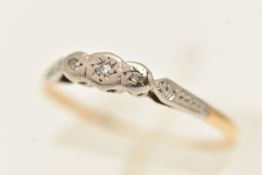 THREE STONE DIAMOND RING, a single cut diamond and two rose cut diamonds, illusion set in white