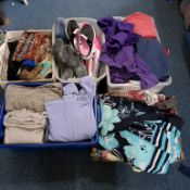 FIVE BOXES OF LADIES CLOTHES AND ACCESSORIES, approximatly eighty items, to include, knitted/crochet