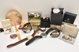 A BOX OF ASSORTED JEWELLERY AND WATCHES, to include a selection of brooches, cufflinks and earrings,