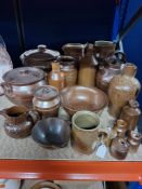 A GROUP OF SALT GLAZED PIECES to include two large jugs with incised decoration, two twin handled