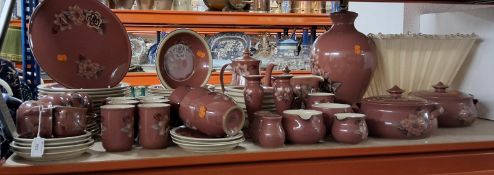 VINTAGE DENBY DAMASK ROSE DINNER SERVICE WITH DENBY LAMP, featuring a pink floral motif,