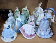 A GROUP OF COALPORT AND ROYAL DOULTON FIGURINES, comprising eight Coalport ladies, to include '