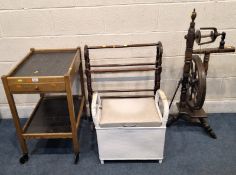 A TWO TIER OAK TROLLEY, with a single drawer, a towel rail, a spinning wheel, along with a white