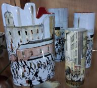 THREE BESWICK 'L S LOWRY' VASES AND A CANDLE HOLDER, each printed with an image of his paintings,