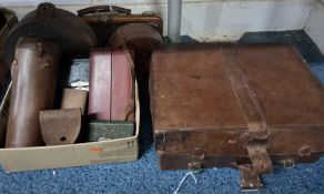 A BOX AND LOOSE LEATHER/FAUX LEATHER BAGS, CASES, ETC, to include a leather cased safe box with key,