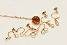 AN ASSORTMENT OF JEWELLERY, to include a yellow metal circular cut citrine set stick pin,