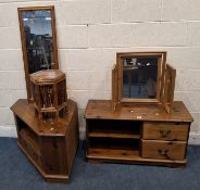 A SELECTION OF OCCASIONAL FURNITURE, to include two pine TV stands, a triple mirror, a cheval