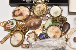 A BOX OF ASSORTED COSTUME JEWELLERY, to include an amethyst beaded necklace, an amethyst, peridot