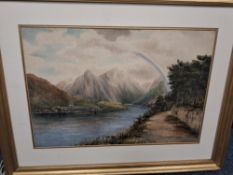 A GROUP OF FOUR ORIGINAL FRAMED ARTWORKS comprising a watercolour depicting a river and mountain