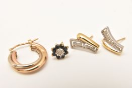AN ASSORTMENT OF JEWELLERY, to include a pair of bi-colour stud earrings, stamped 585, missing