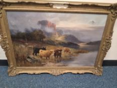 A GROUP OF ORIGINAL ARTWORKS to include a large oil on canvas of highland cattle signed bottom right
