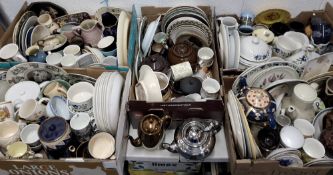 FIVE BOXES OF CERAMICS, to include 19th and 20th century tea and dinner wares, including teapots,