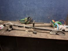 A COLLECTION OF GARDENING POWER TOOLS including a Sunjoe cordless strimmer with one battery,