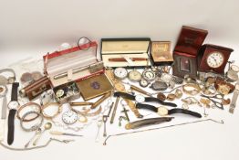 BOX CONTAINING WATCHES, POCKET WATCHES, OLD WHISTLE, ANTIQUE LONGNETTE GLASSES, BOXED PENS, WWII