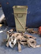 A VINTAGE AMMUNITION BOX CONTAINING RATCHET STRAPS, including seven ratchets and three straps