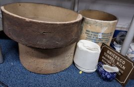 A GROUP OF POTTERY SAGGARS AND RELATED ITEMS, comprising two saggars used for the firing of pottery;