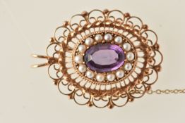 A 9CT GOLD AMETHYST AND SPLIT PEARL BROOCH/PENDANT, set with an amethyst within a split pearl