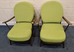 LUCIAN ERCOLANI, A PAIR OF MID-CENTURY DARK ELM AND BEECH EASY CHAIRS, with lime green fabric