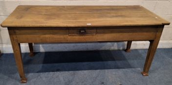 A FRENCH CHESTNUT KITCHEN TABLE, with three assorted frieze drawers on three sides, and a
