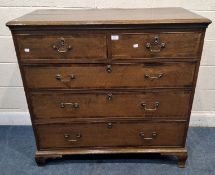 A GEORGIAN OAK CHEST OF TWO SHORT OVER THREE LONG DRAWERS, raised on ogee bracket feet Dimensions: