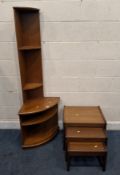 A MID-CENTURY TEAK CORNER CUPBOARD, along with a nest of three tables Dimensions:corner cupboard