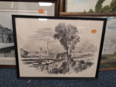 A QUANTITY OF FRAMED DECORATIVE PRINTS to include town and rural scenes, framed needlework, a