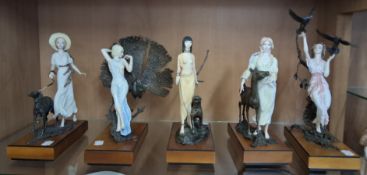 FIVE ALBANY CHINA FIGURES, each with bronzed brass bird or animal, on a wooden base, comprising