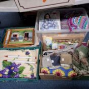 FIVE BOXES OF HAND MADE ITEMS AND KNITTING/CROCHET ITEMS, to include wool, crochet kits, knitting