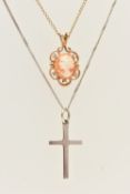 TWO PENDANT NECKLACES, the first a 9ct white gold cross pendant suspended from a fine curb link