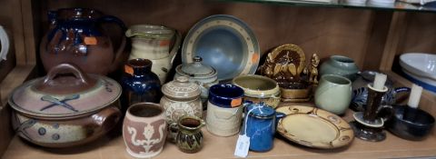 A GROUP OF STUDIO POTTERY, to include two celadon/light green vases by Bullers, a Robin Welch