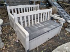 TWO KETER PLASTIC STORAGE GARDEN BENCHES, width 139cm x depth 61cm x height 84cm Qty: 2 Condition