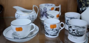 A GROUP OF LATE 19TH CENTURY BLACK WHITE CERAMICS, to include transferware set of three child size