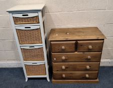 A MODERN PINE CHEST OF TWO SHORT OVER THREE LONG DRAWERS, along with a wicker chest Dimensions: