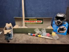 A JAQUES CROQUET SET IN ITS ORIGINAL CARRY BOX, mallets and balls still poly wrapped, a Bikemate