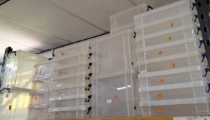 A LARGE QUANTITY OF MULTI USE PLASTIC STORAGE BOXES WITH CLIP LIDS, to include, 25 x 4Ltr, 4 x 5Ltr,