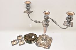 A SILVER THREE BRANCH CANDELABRA, AF the weighted base is free from mount and will require some