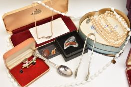 A BOX OF ASSORTED COSTUME JEWELLERY AND ITEMS, to include jewellery boxes, cased imitation pearl