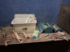 A METAL TOOLBOX AND A BOX CONTAINING TOOLS, including a Record No.3 plane, a Stanley No.5 plane (