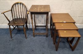 A SUNELM MID-CENTURY TEAK NEST OF THREE TABLES, along with an Ercol chair and an oak occasional
