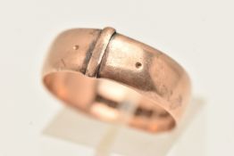 A 9CT ROSE GOLD BAND RING, designed as a buckle ring, approximate width 6.5mm, hallmarked 9ct