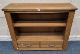 A MODERN LIGHT OAK OPEN BOOKCASE, with a single shelf and drawer Dimensions:width 110cm x depth 36cm