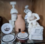 A GROUP OF POTTER FIGURES AND RELATED ITEMS, comprising three figures of potters with saggars and