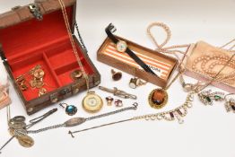 A BOX OF ASSORTED JEWELLERY, to include two fine yellow metal chains, clasps stamped 9ct,