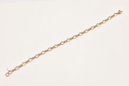 A 9CT GOLD BRACELET, AF missing clasp will require attention, hallmarked London, stamp marks to some