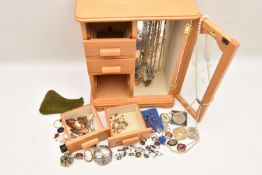 A MULTI STORAGE JEWELLERY BOX WITH COSTUME JEWELLERY, to include a large white metal Scottish
