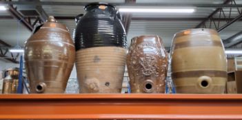 A GROUP OF STONEWARE BARRELS, to include two 19th century salt - glazed spirit barrel, decorated