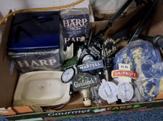 ONE BOX OF VINTAGE BREWRY RELATED ITEMS, to include Harp Lager ice box and pack of bar mats,