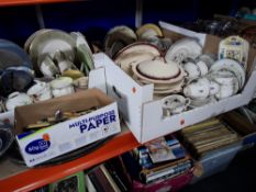 SIX BOXES AND LOOSE OF GENERAL HOUSEHOLD ITEMS to include two boxes of glassware such as a peach